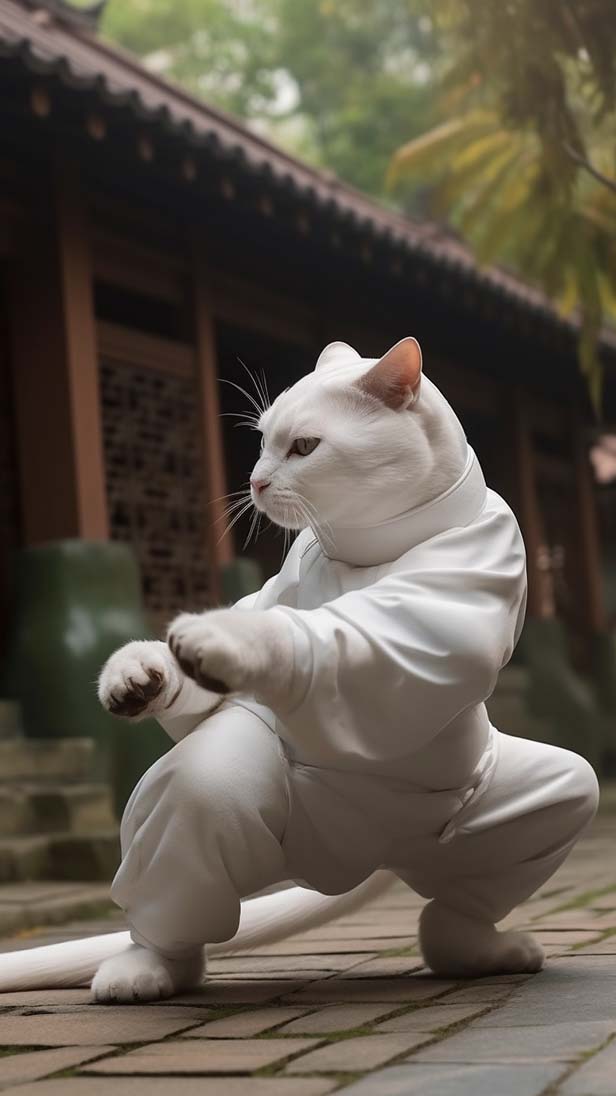 白色功夫服装的白猫的AI咒语prompt描述词丨Ai绘画描述