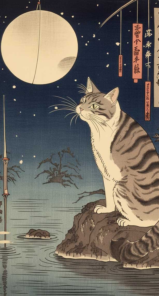 月光下的猫和鱼的AI咒语prompt描述词丨Ai绘画描述