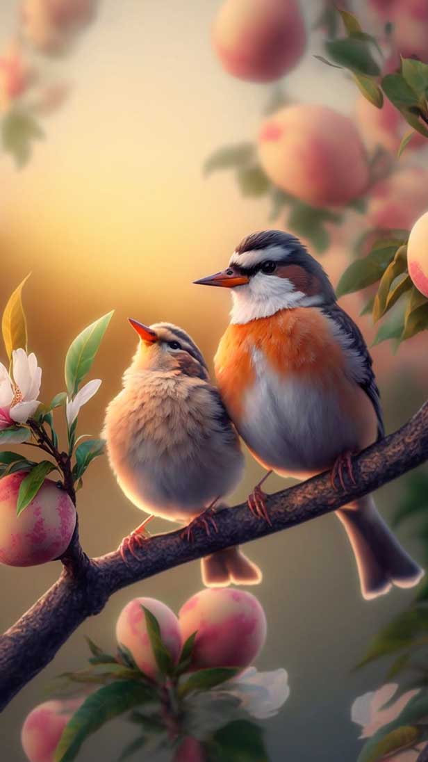 两只美丽的白鸟站在桃树的树枝上的AI咒语prompt描述词丨Ai绘画描述