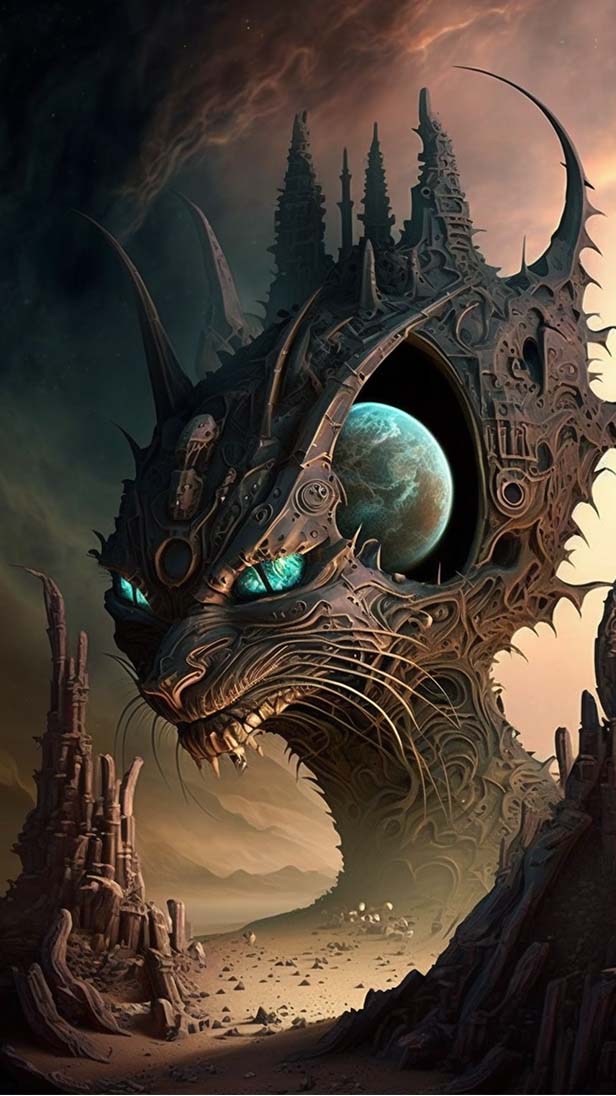 毁灭猫，外星废墟神庙的AI咒语prompt描述词丨Ai绘画关键词