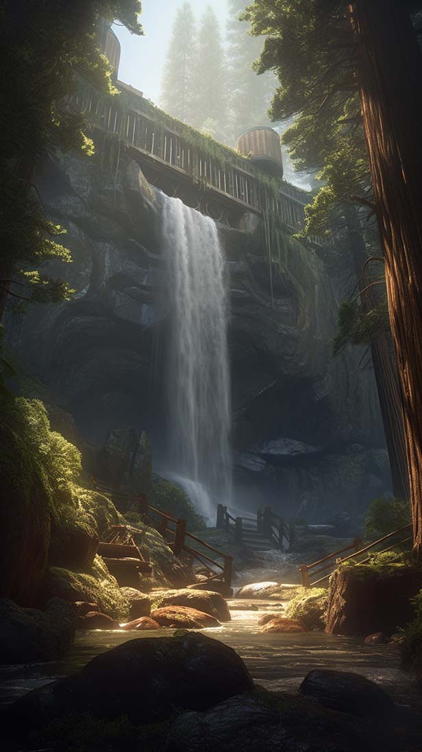 红杉林巨大的瀑布的AI咒语prompt描述词丨Ai绘画关键词