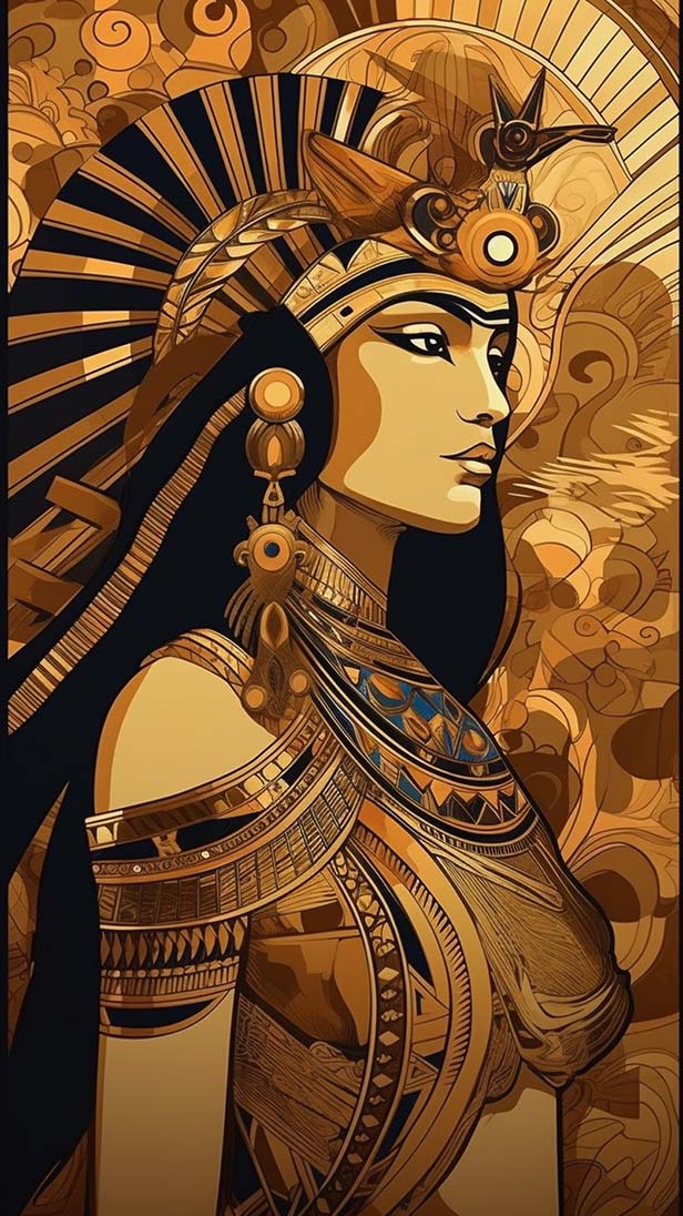 埃及艳后在金色背景上镶嵌在玫瑰金艺术品上的AI咒语prompt描述词丨Ai绘画描述