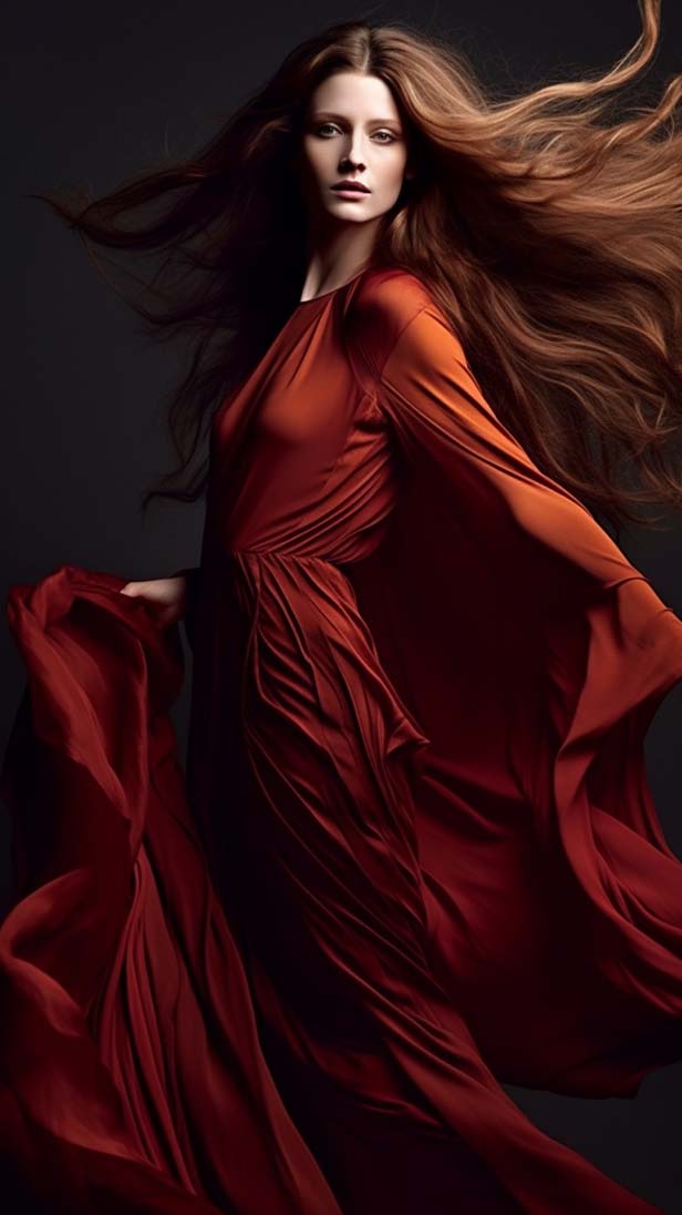 美丽的红色连衣裙长发和舞蹈的AI咒语prompt描述词丨Ai绘画关键词