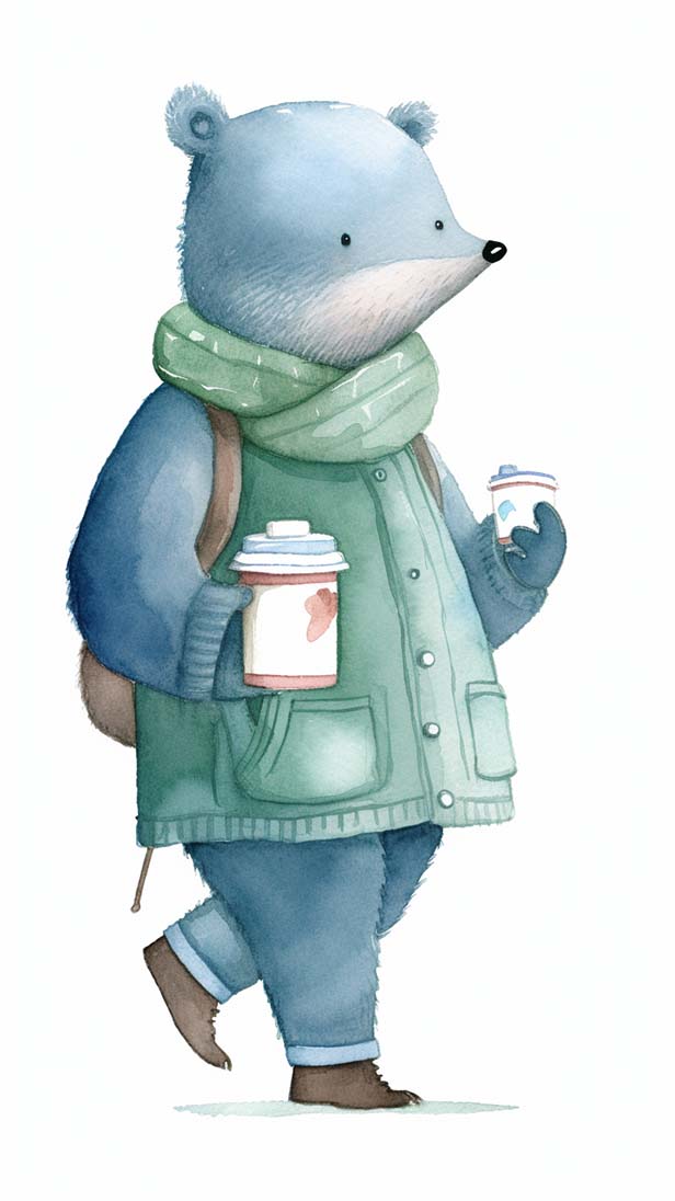 小熊拿着一杯咖啡的AI咒语prompt描述词丨Ai绘画描述
