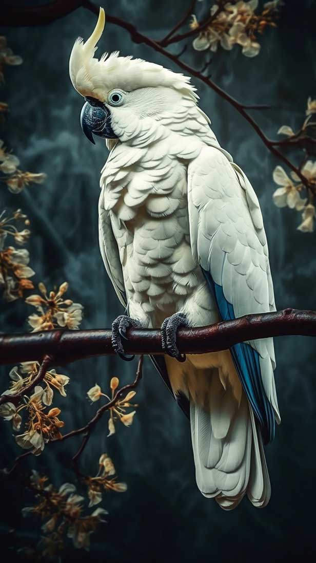 坐在树枝上的凤头鹦鹉鸟的AI咒语prompt描述词丨Ai绘画描述