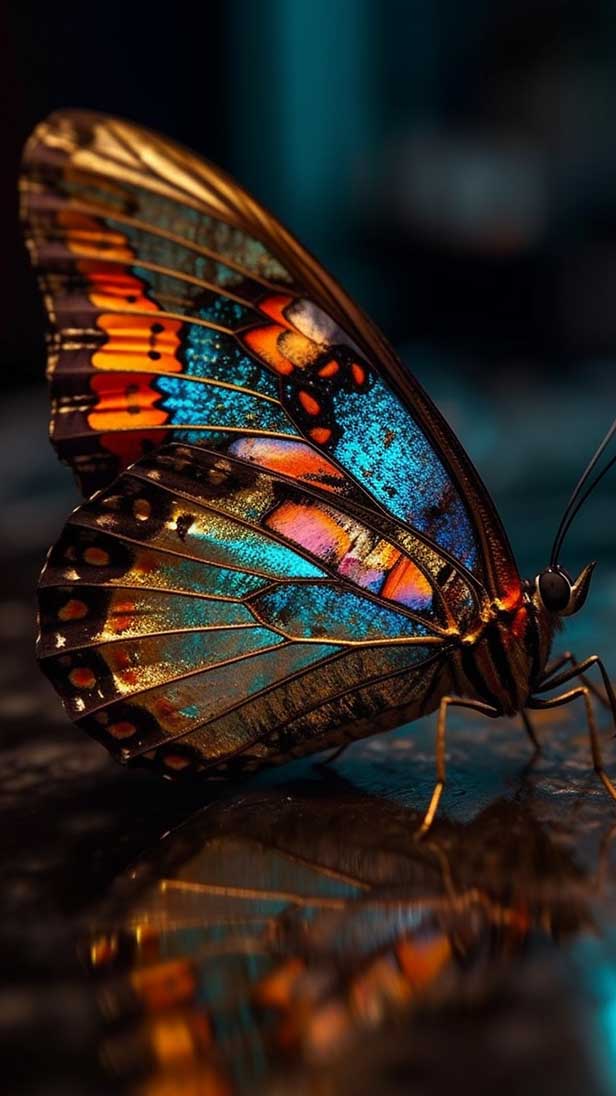 美丽的蝴蝶停在反光表面