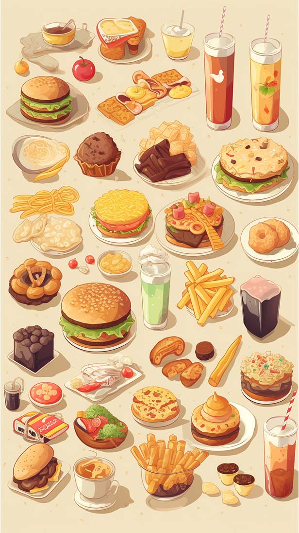 食物被深度排列在一张桌子的AI咒语prompt描述词丨Ai绘画关键词