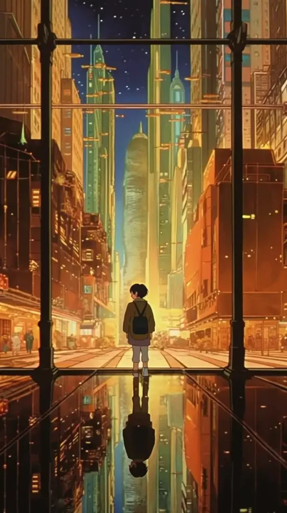 电影现实主义，由闪亮的花岗岩金石彩色玻璃制成的城市