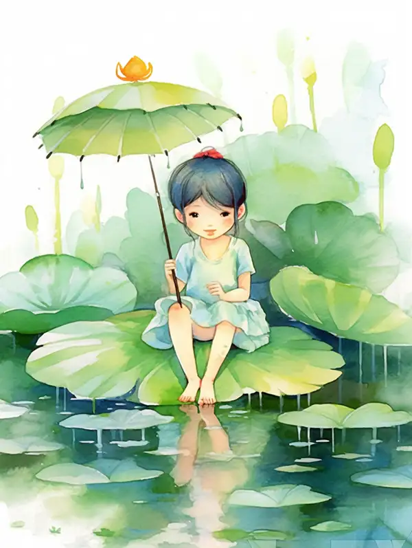 淡淡的水彩，一个超级可爱的小女孩坐在池塘边钓鱼