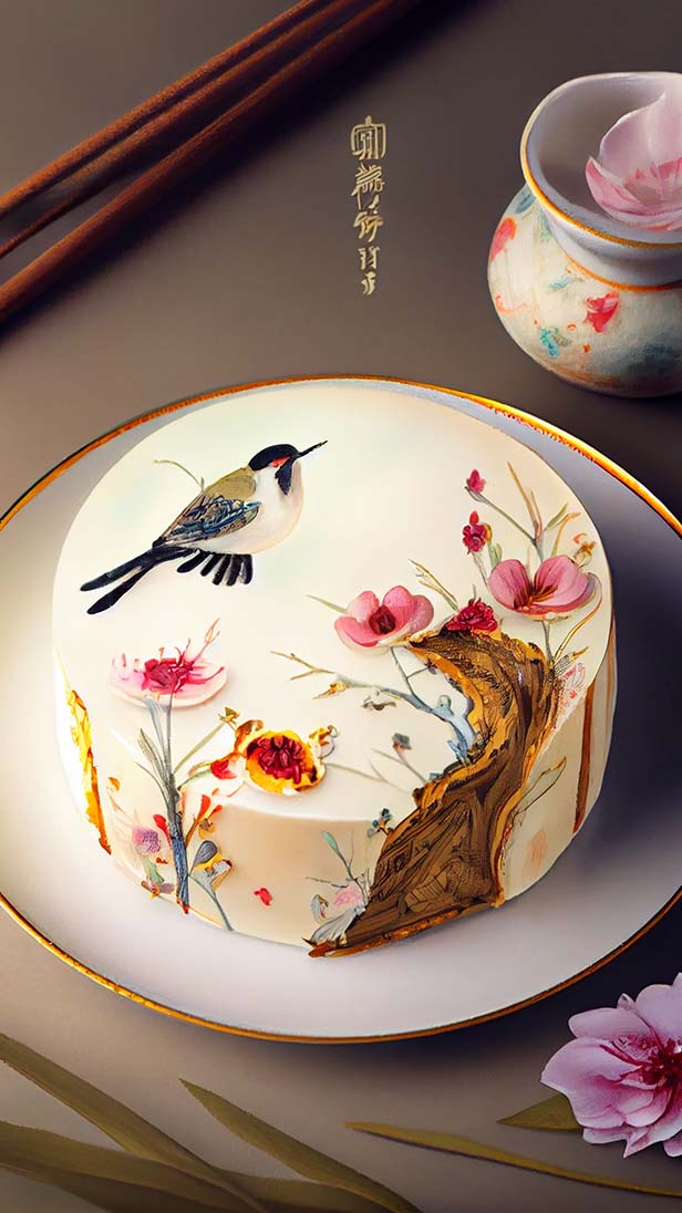漂亮的中国花鸟画奶油蛋糕卷的AI咒语prompt描述词-Ai绘画关键词