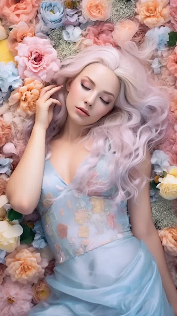 Ethereal粉彩花园，以一位浅蓝色头发的迷人女性为主角