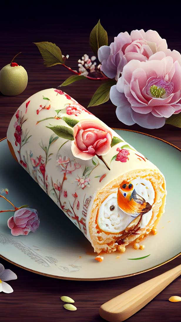 漂亮的中国花鸟画奶油蛋糕卷的AI咒语prompt描述词丨Ai绘画关键词