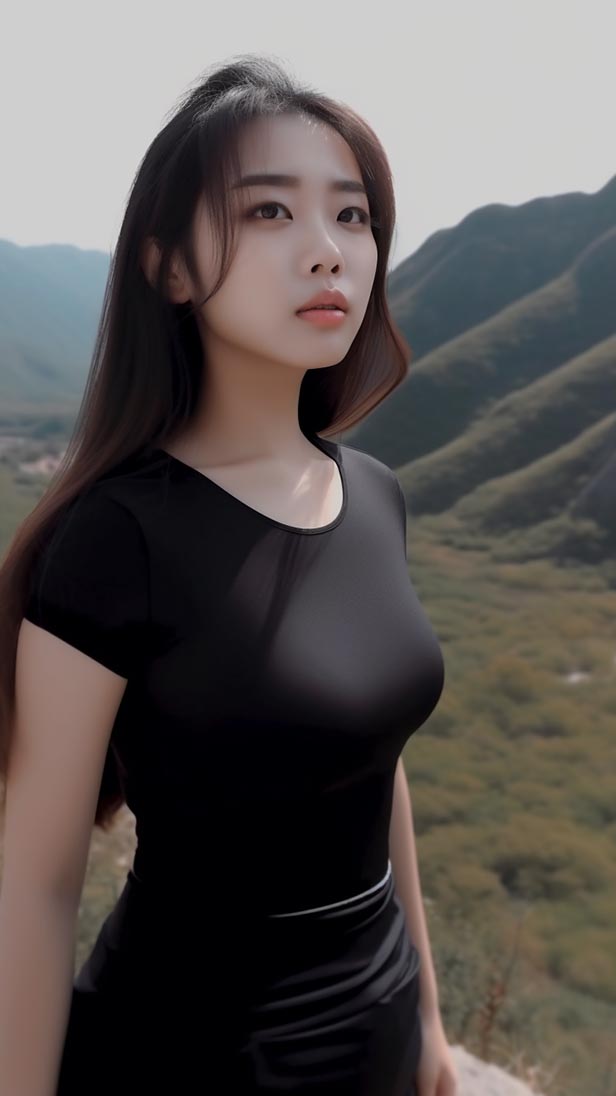 一个穿着漂亮的黑色上衣的女孩站在山边的AI咒语prompt描述词-Ai绘画关键词