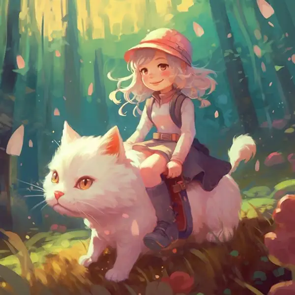 一个微笑的白色小女孩骑在一只可爱的猫上
