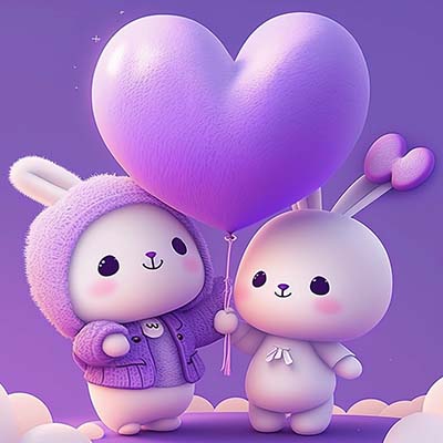 小白兔举着大大的紫色心形 气球