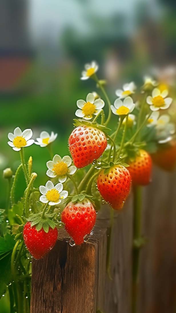 草莓花爬在竹篱上的AI咒语prompt描述词丨Ai绘画关键词