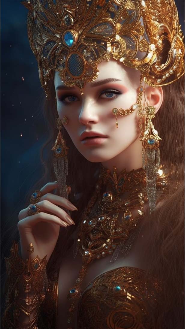 富裕女神穿着黄金和珠宝的AI咒语prompt描述词丨Ai绘画关键词