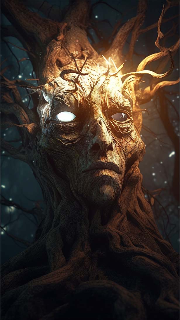 超现实的死树形状像一张脸的AI咒语prompt描述词-Ai绘画Midjourney关键词