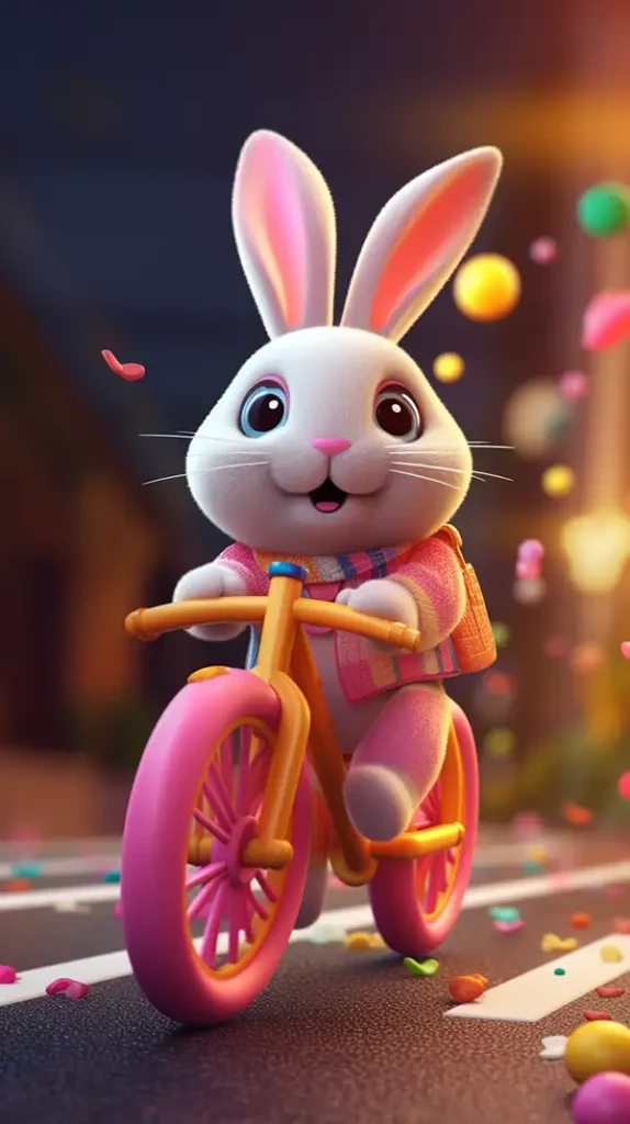 一只兔子骑自行车的照片，3d风格