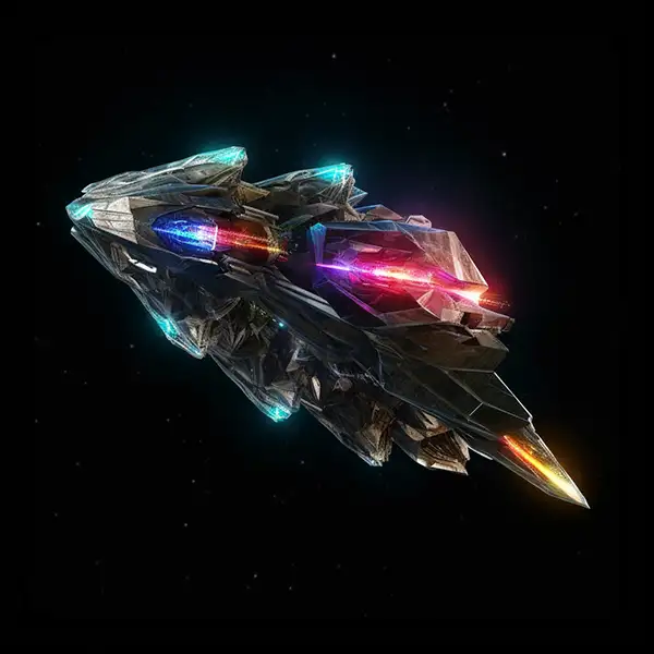 在黑色空间飞行的超水晶宇宙飞船，明亮而冷艳的钻石，侧视图
