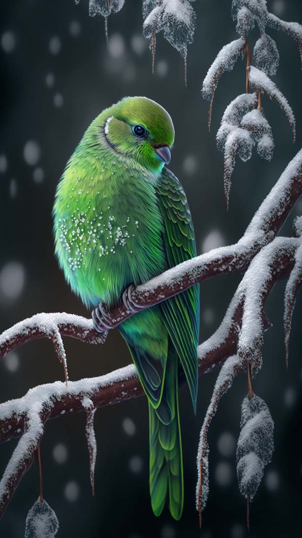 一只绿色的小鸟站在满是雪花的树枝上的AI咒语prompt描述词丨Ai绘画关键词