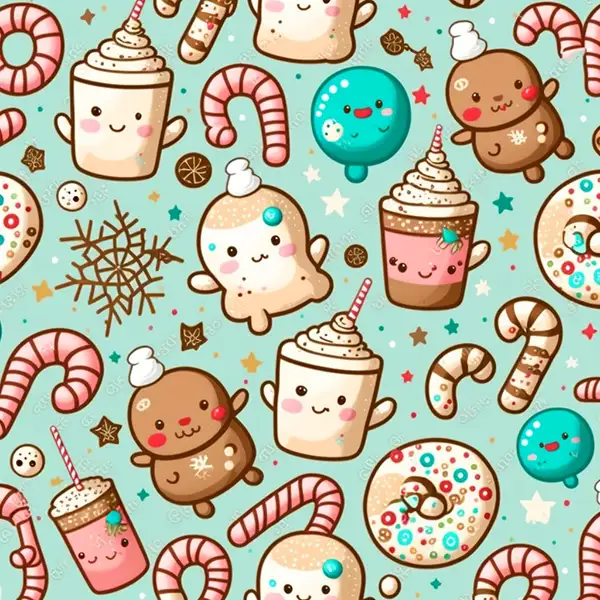 织物的重复图案，kawaii泡泡茶和撒有糖霜的圣诞甜甜圈