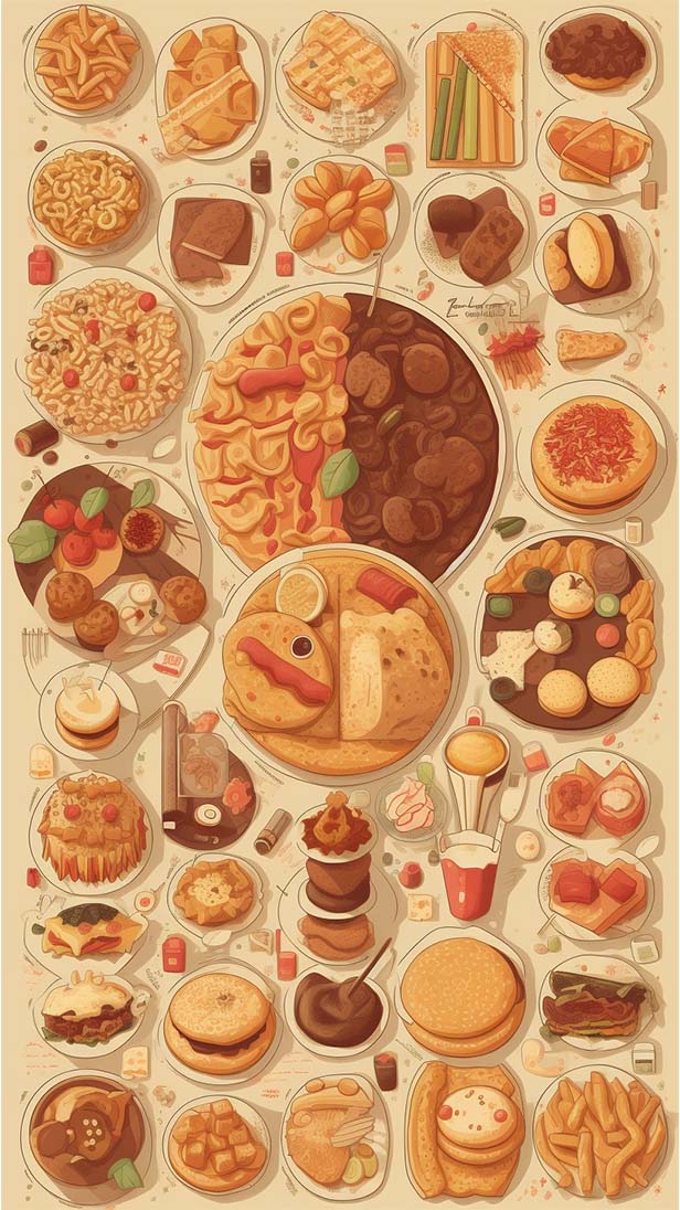 食物被深度排列在一张桌子上平面风格的插图的AI咒语prompt描述词丨Ai绘画关键词