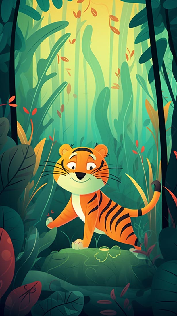 丛林中的可爱卡通老虎的AI咒语prompt描述词-Ai绘画关键词