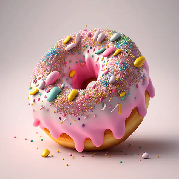 一个高细节的甜甜圈，粉红色的糖霜