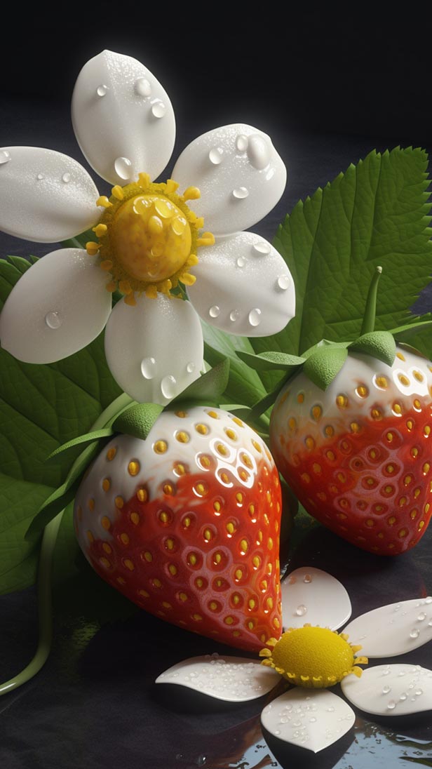 三朵花和草莓的AI咒语prompt描述词-Midjourney关键词描述词