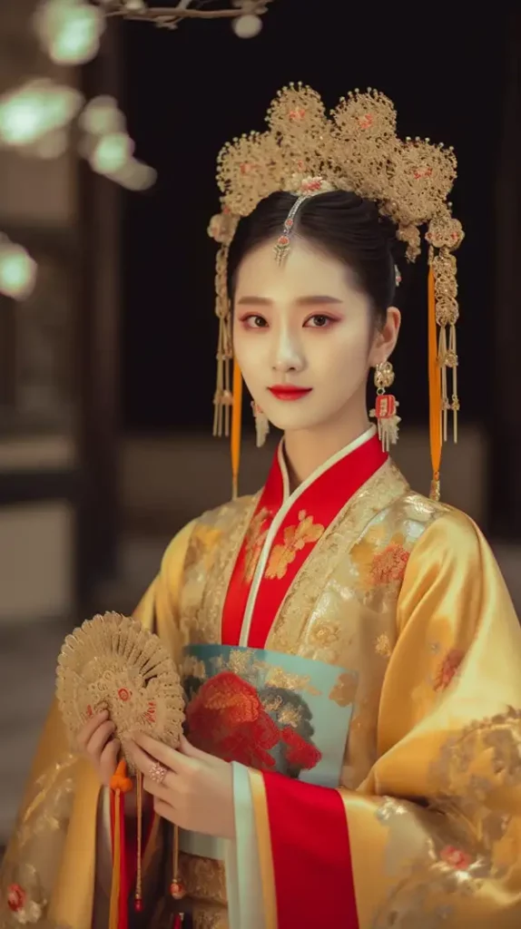 一个穿着中国传统女皇服装的年轻女孩站在镜头前