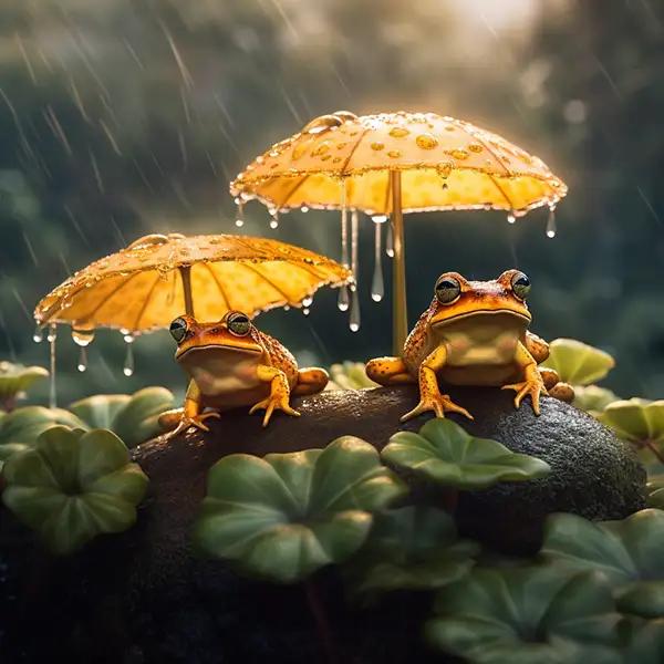三只卡通金色青蛙撑着伞，站在荷叶上