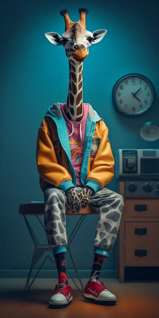 一只拟人化长颈鹿的时尚摄影，穿着20世纪80年代的大型嘻哈服装，穿着运动鞋