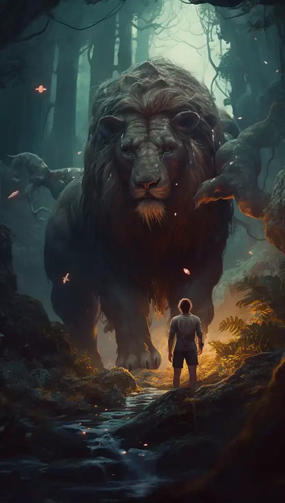 猛犸狮与一名男子在黑暗的森林中