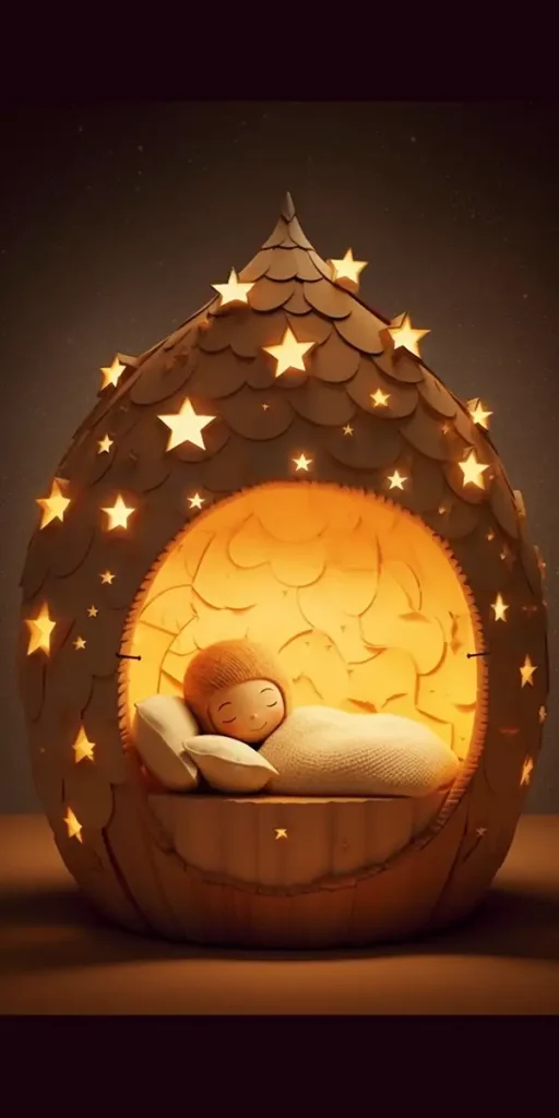 睡在月亮形状的床上的可爱的孩子星星灯