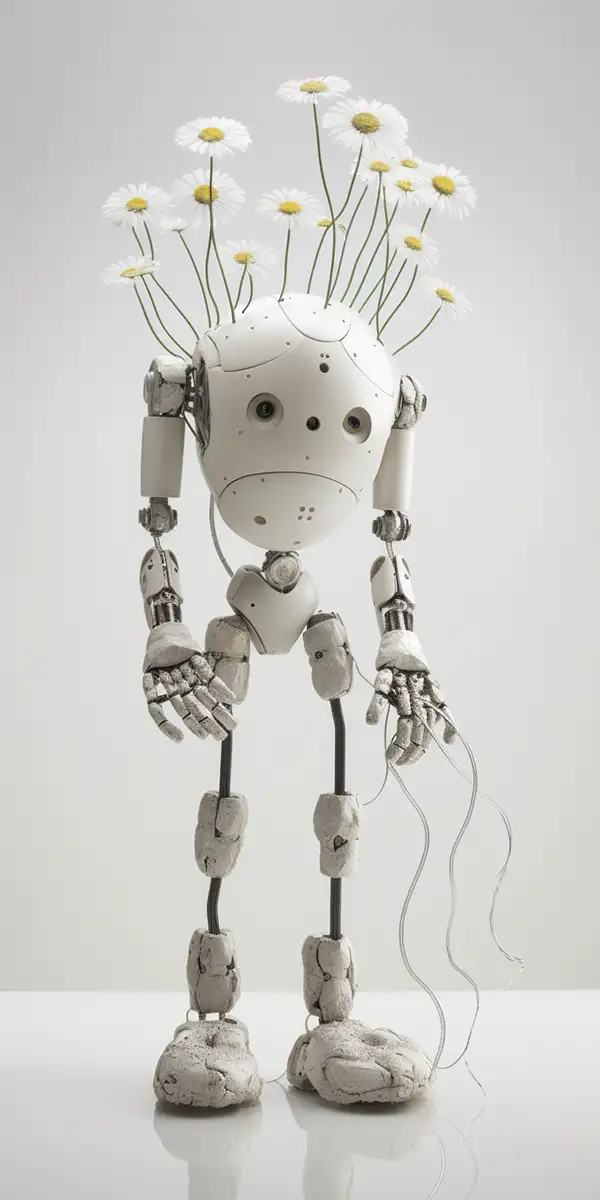瓷器和锤打哑光银色机器人木偶的AI咒语prompt描述词-Midjourney关键词描述词