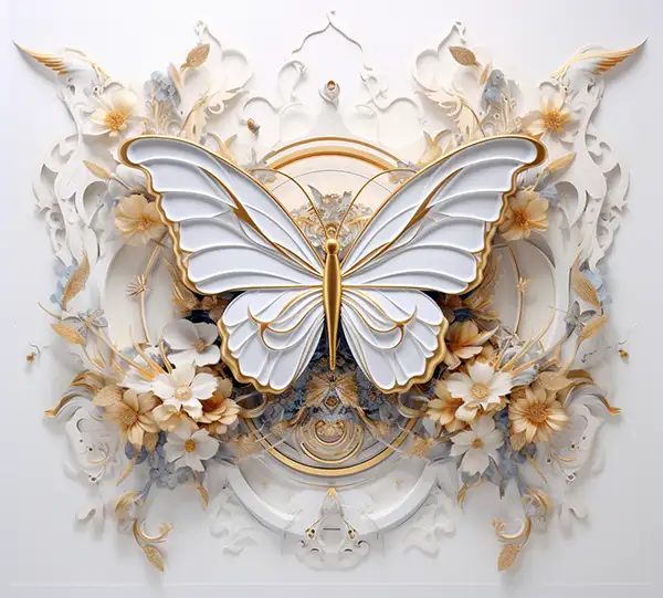 白色和金色的蝴蝶和花朵的AI咒语prompt描述词-Ai绘画关键词